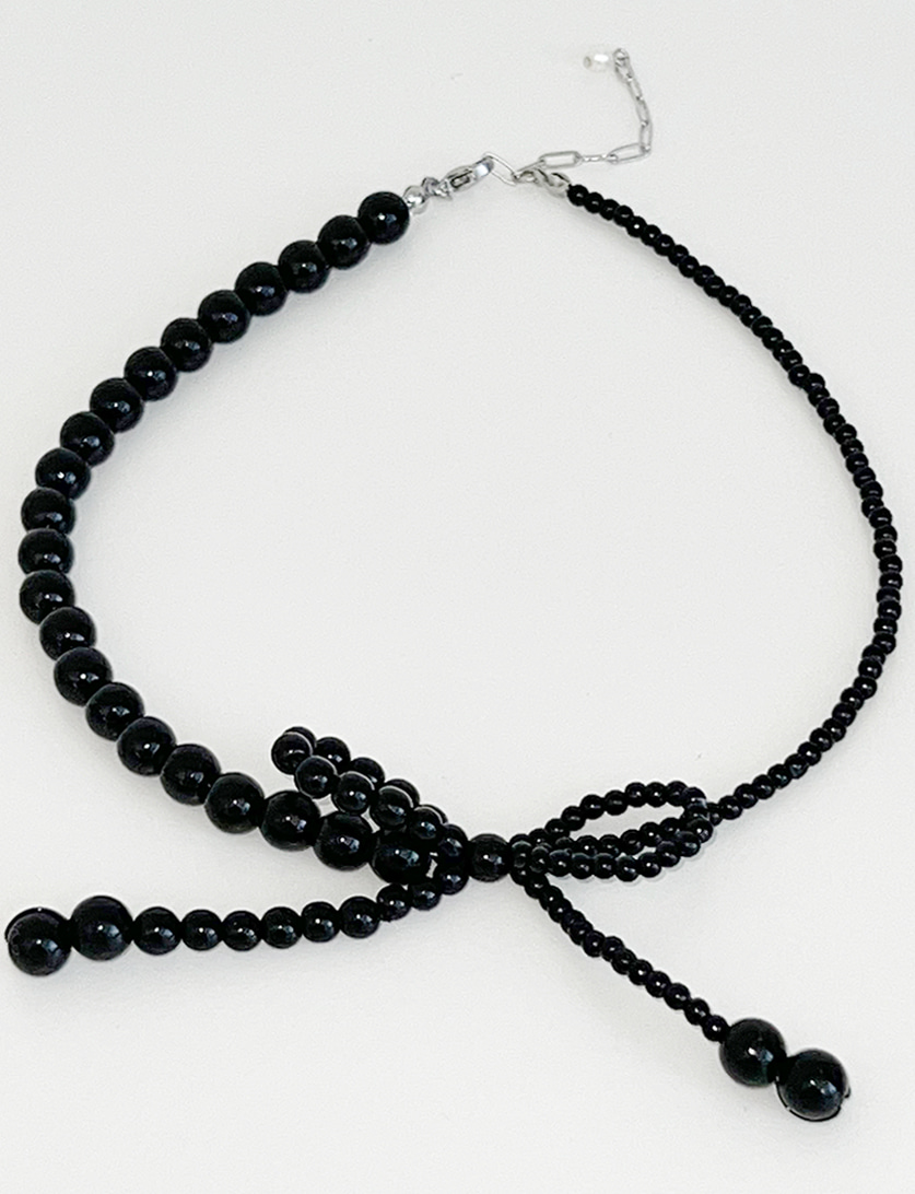 [당일출고/써지컬스틸] Ribbon Pearl Choker Necklace black