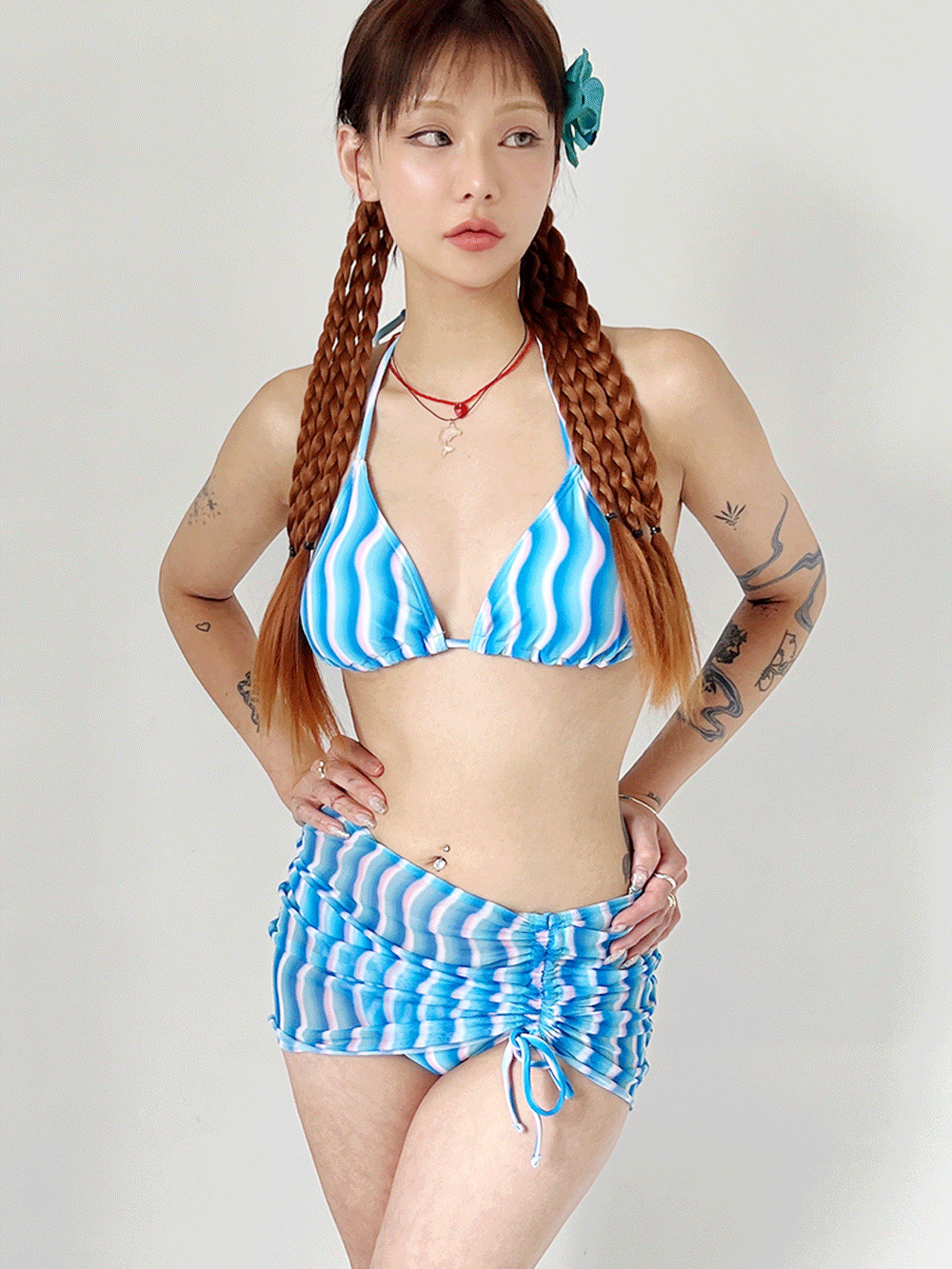[당일출고] wavy blue bikini skirt set